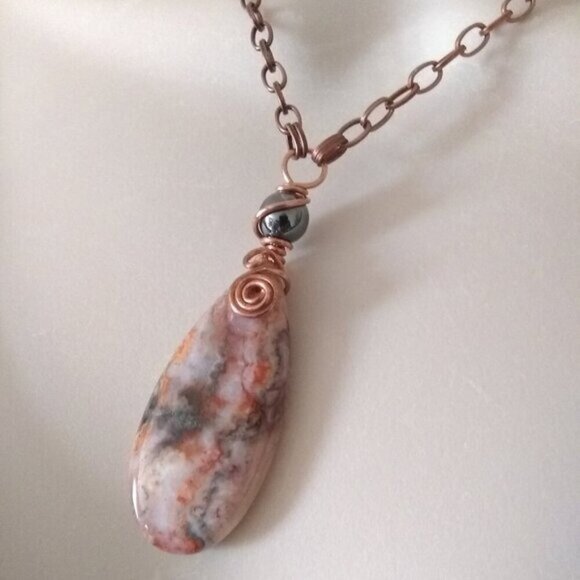 Rustic Crazy Lace Agate Pendant Necklace! Cream Gray Peachy Tangerine + Copper - Picture 6 of 15